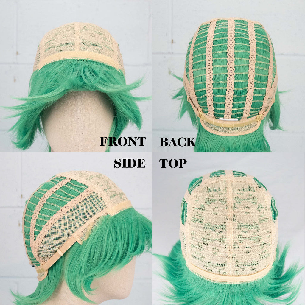 A collage of 4 photos of the Super Maru wig turned inside out and displayed on a wig head, showing the wig construction from the front, back, side and top.
