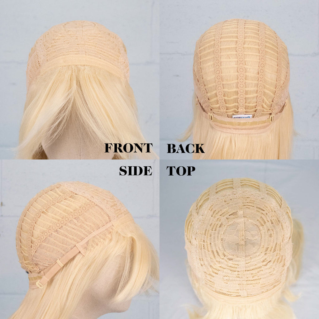 A collage of 4 photos of the Alex wig turned inside out and displayed on a wig head, showing the wig construction from the front, back, side and top.