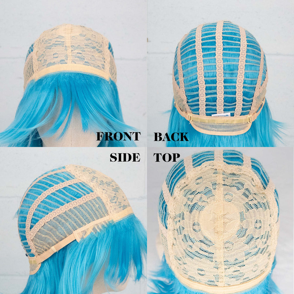 A collage of 4 photos of the Ash wig turned inside out and displayed on a wig head, showing the wig construction from the front, back, side and top.