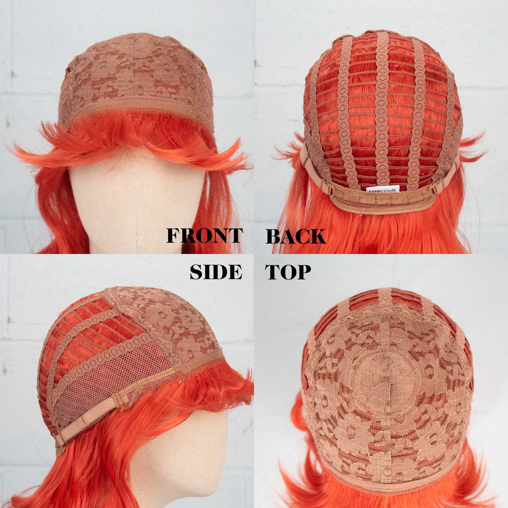 A collage of 4 photos of the Bernie wig turned inside out and displayed on a wig head, showing the wig construction from the front, back, side and top.