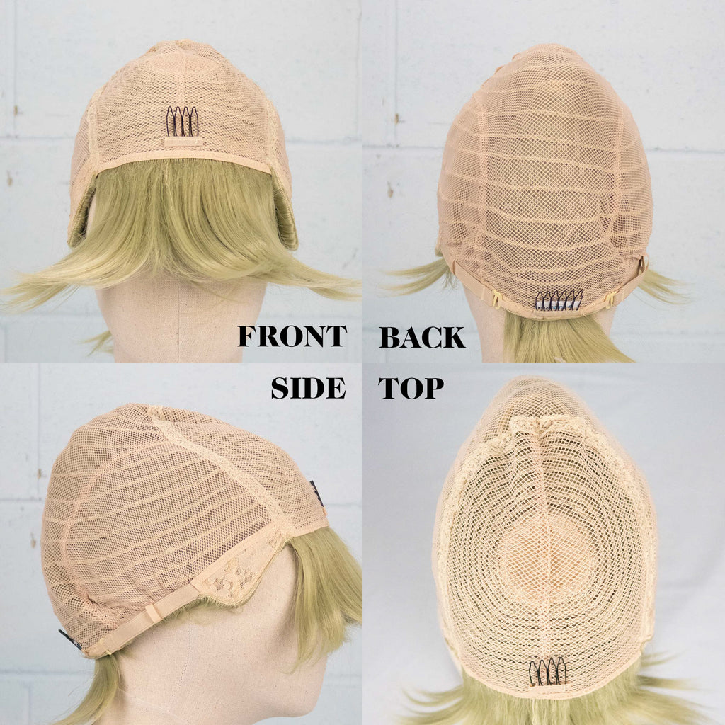 A collage of 4 photos of the Dave wig turned inside out and displayed on a wig head, showing the wig construction from the front, back, side and top.
