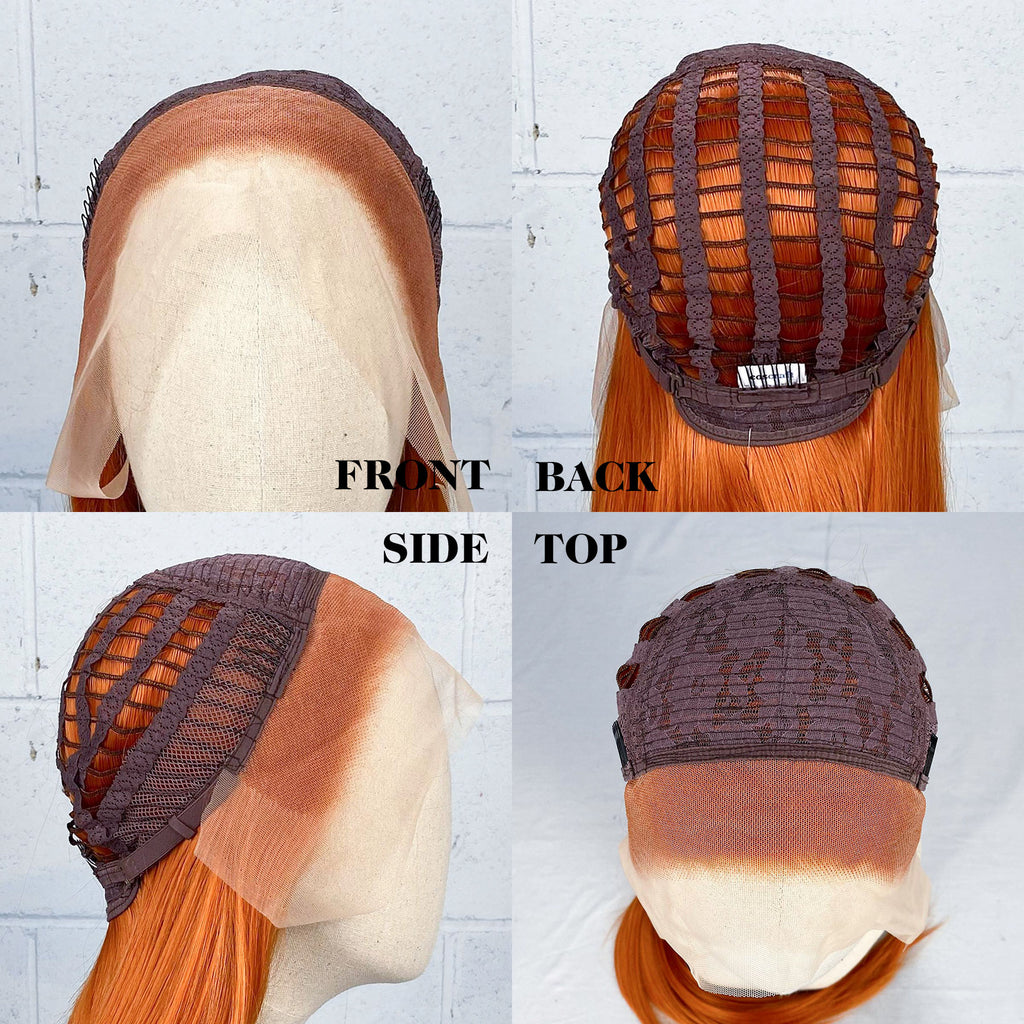 A collage of 4 photos of the Florence wig turned inside out and displayed on a wig head, showing the wig construction from the front, back, side and top.