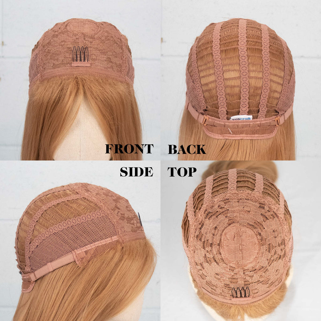 A collage of 4 photos of the Genji wig turned inside out and displayed on a wig head, showing the wig construction from the front, back, side and top.