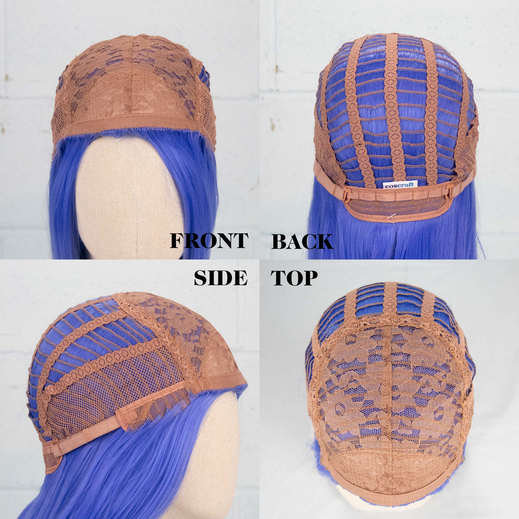 A collage of 4 photos of the Kitt wig turned inside out and displayed on a wig head, showing the wig construction from the front, back, side and top.