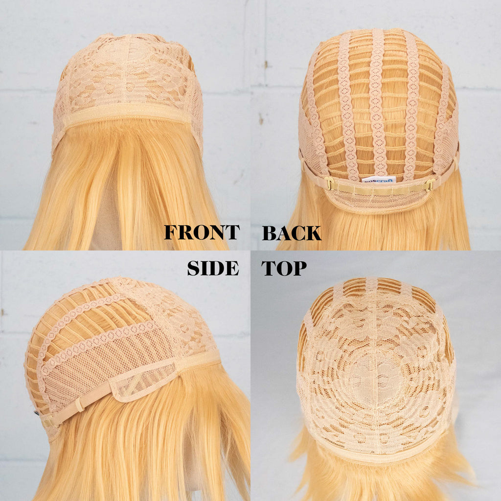 A collage of 4 photos of the Lily wig turned inside out and displayed on a wig head, showing the wig construction from the front, back, side and top.
