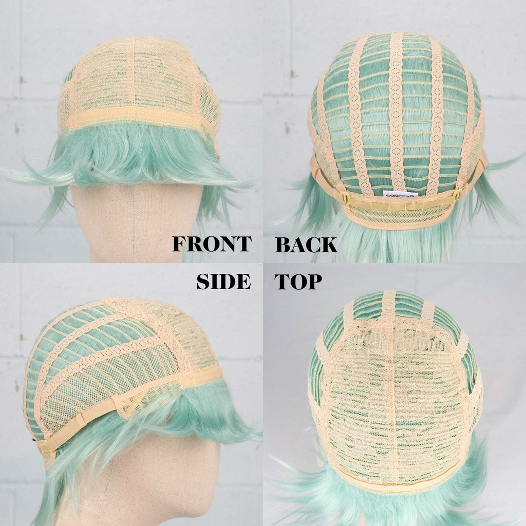 A collage of 4 photos of the Maru wig turned inside out and displayed on a wig head, showing the wig construction from the front, back, side and top.