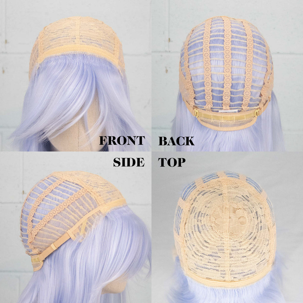 A collage of 4 photos of the Yoji wig turned inside out and displayed on a wig head, showing the wig construction from the front, back, side and top.
